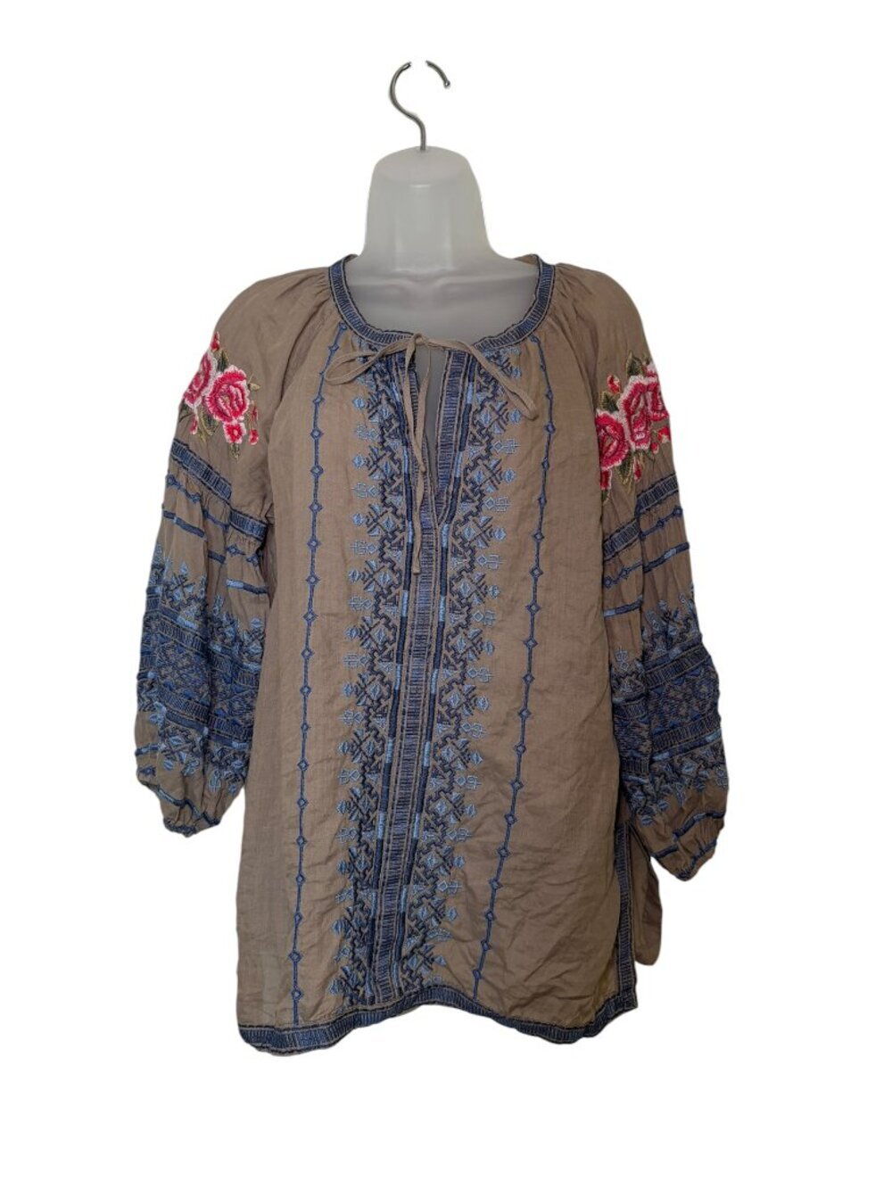 Johnny Was Workshop Embroidered Ramie Boho Peasant Blouse M